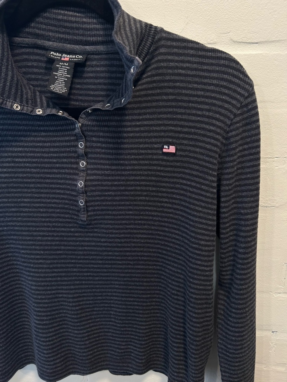 RL Polo Jeans Co Y2K Preppy Normcore Striped Henley Button Collar Top M - Picture 3 of 5